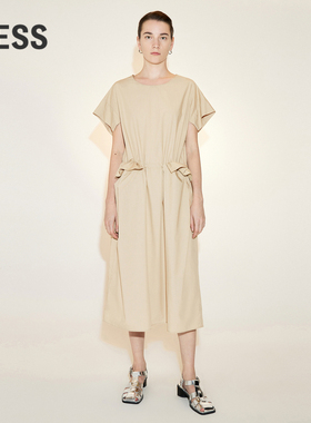 LESS气质法式圆领收腰简约过膝宽松短袖连衣裙女2N7G12760