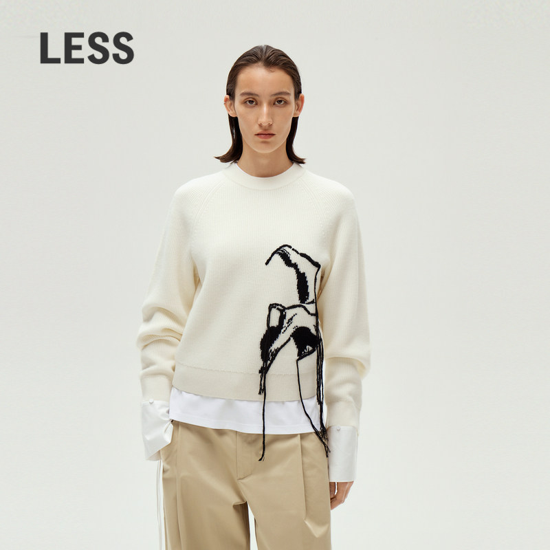 【精工系列】LESS春设计感手工流苏刺绣羊毛圆领针织衫2O131