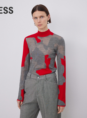 LESS绵羊毛艺术感红色拼色高领针织衫女迷彩修身薄毛衣2N0313310