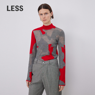 LESS绵羊毛艺术感红色拼色高领针织衫 薄毛衣2N0313310 女迷彩修身