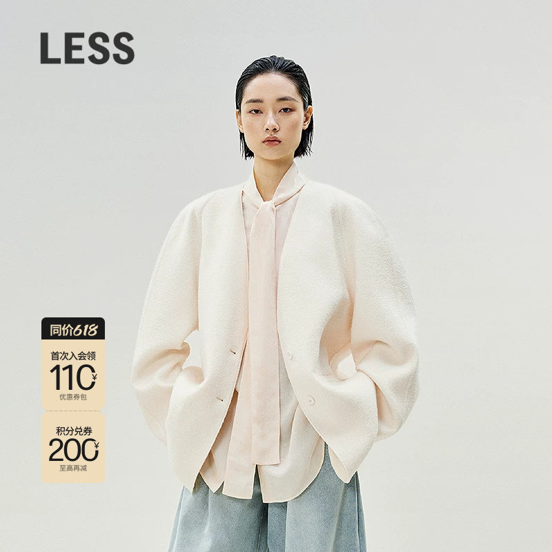 【精工系列】LESS春季无领薄款毛呢大衣女廓形宽松外套2P281