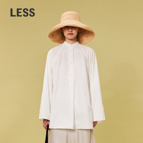 LESS春白色小立领后背系带设计感收腰新中式休闲衬衫2O3212420