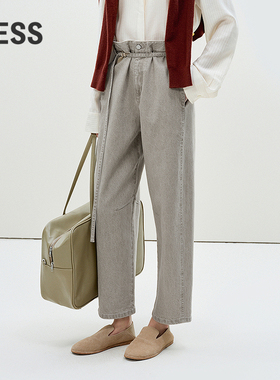 LESS春棉质弯刀裤抽绳系带休闲女九分花苞腰牛仔裤2P1E13350