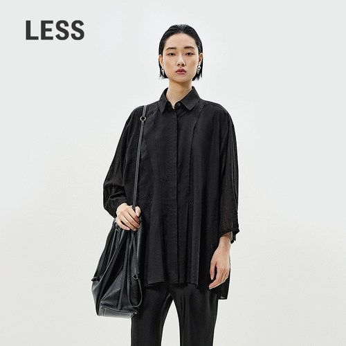 LESS夏季通勤黑棉质七分袖衬衫