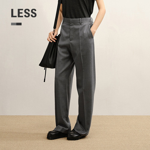 LESS秋通勤绵羊毛桑蚕丝黑色休闲简约直筒长裤女士2P7E18040