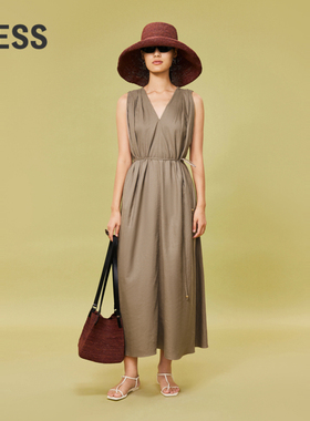 LESS夏季休闲简约无袖莱赛尔连衣裙时尚V领系带通勤长裙2O6G11990