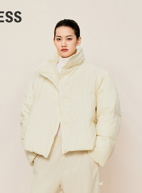 LESS灯芯绒短款羽绒服女冬大块面围裹烟囱领白鸭绒外套2OAC12950