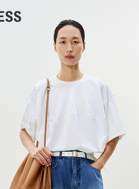 LESS夏季落肩白T恤女简约设计感休闲圆领全棉短袖上衣女2P4111170