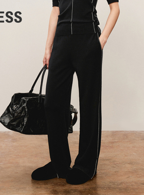 LESS春秋阔腿针织裤女通勤直筒含绵羊毛休闲黑长款裤子2O8E12200