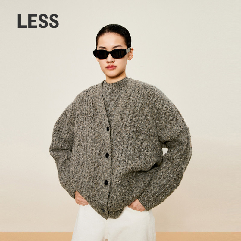 LESS秋冬羊毛麻花毛衣女V领复古宽松针织开衫含羊绒2O0310