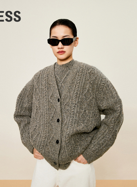 LESS秋冬羊毛麻花毛衣女V领复古宽松针织开衫含羊绒2O0310090