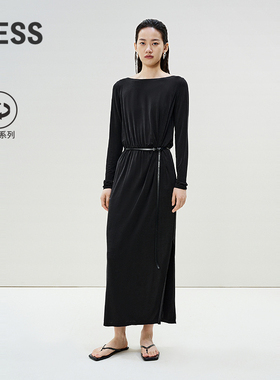 LESS春季一字领连衣裙女铜氨环保垂感气质显瘦长袖裙子2P2G20740