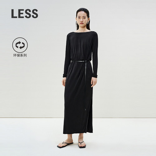 LESS气质一字领长袖连衣裙含皮带