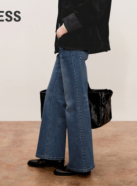 LESS春秋高腰微喇牛仔裤女休闲简约显瘦百搭复古长裤子2O8E12160