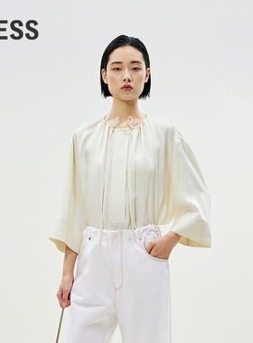LESS优雅系带衬衫女含桑蚕丝圆领宽松气质七分袖上衣2P4210430