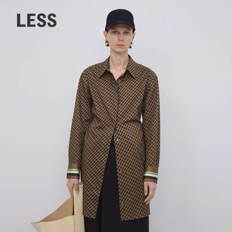 LESS春秋棉质裙子女复古印花衬衫连衣裙2N9G13270