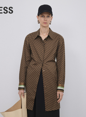 LESS春秋棉质裙子女复古印花衬衫连衣裙2N9G13270