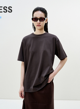 LESS春夏全棉上衣女休闲宽松百搭显瘦纯色圆领短袖T恤2P3113560