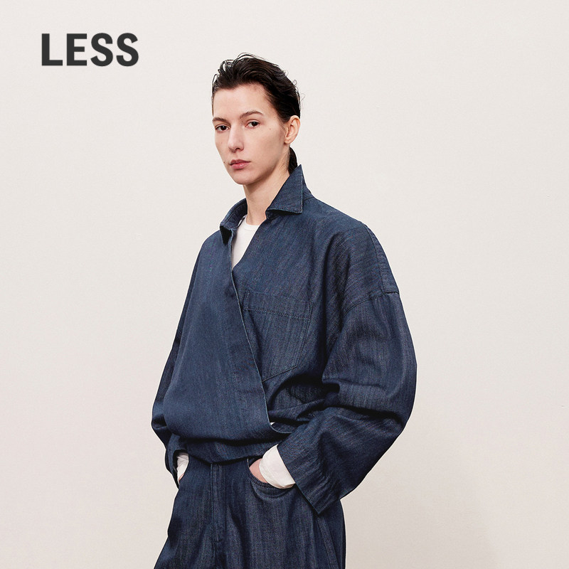 LESS休闲宽松交叠式套头上衣女时尚莱赛尔棉牛仔衬衫女2O8212480图片
