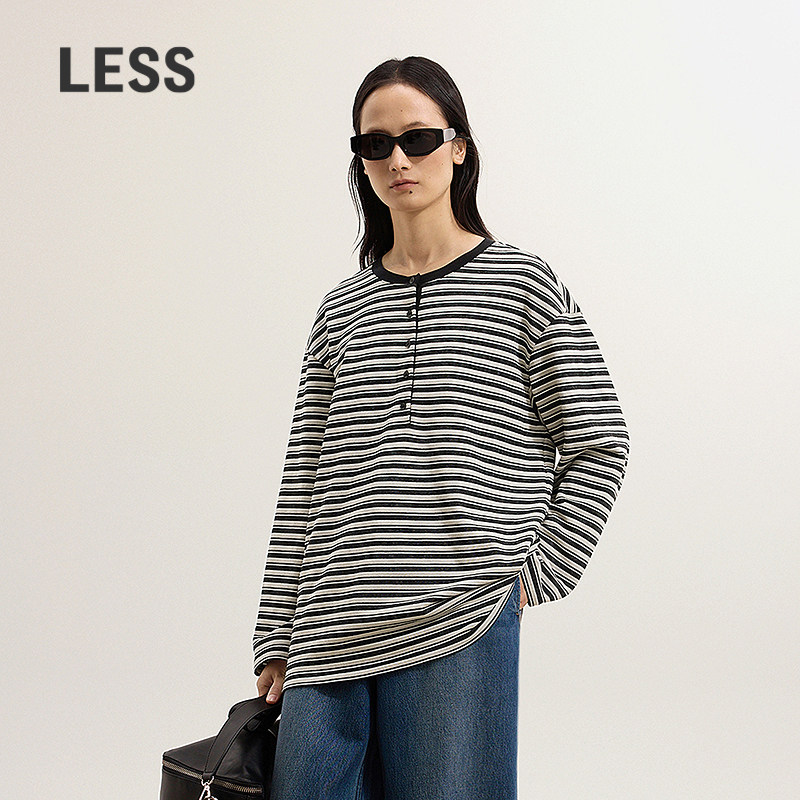 LESS休闲条纹直筒长袖T恤