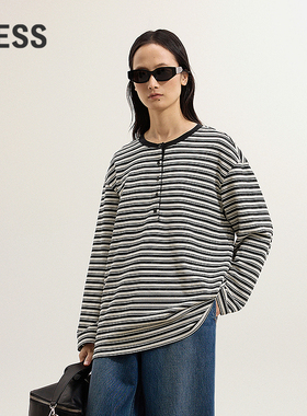 【商场同款】LESS2025冬新款休闲条纹直筒宽松长袖T恤女2PA11508H