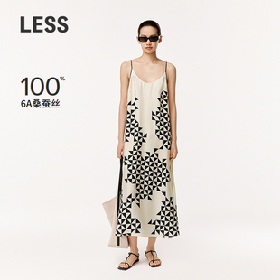LESS夏气质桑蚕真丝吊带长款 连衣裙几何图案小A摆度假风2O4G10960