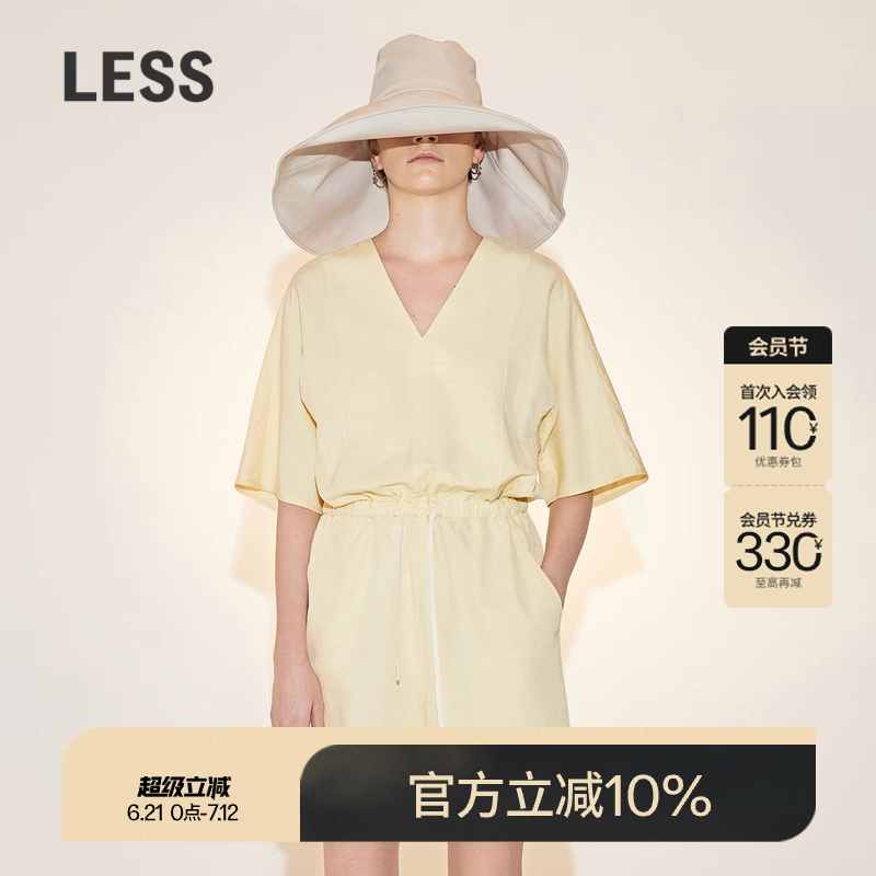 LESS夏季连体衣女休闲简约短款V领收腰短袖度假风连体裤2N6F