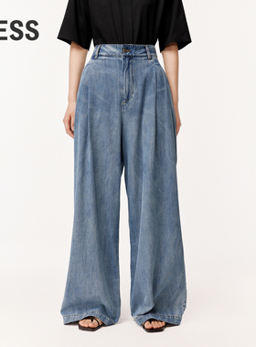 LESS时髦牛仔长裤女复古高腰水洗简约休闲廓形阔腿裤2O4E10640