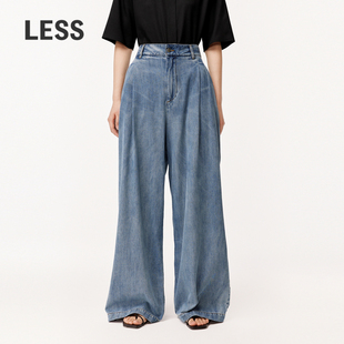 LESS时髦牛仔长裤 2O4E10640 女复古高腰水洗简约休闲廓形阔腿裤