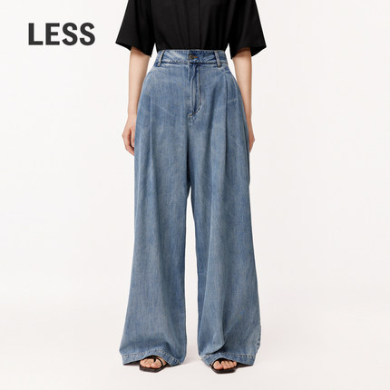 LESS时髦牛仔长裤女复古高腰水洗简约休闲廓形阔腿裤2O4E10640