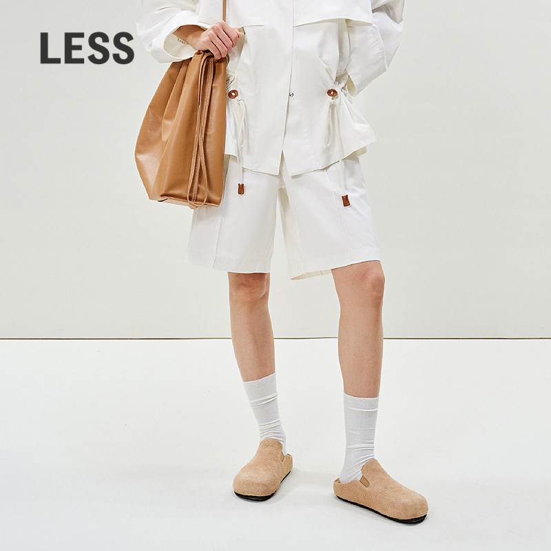LESS松紧腰中短裤女夏季通勤休闲运动风棉质纯色直筒裤2P3E1