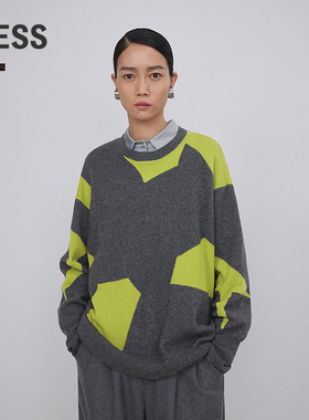 LESS秋冬几何色彩针织衫绵羊毛不规则撞色套头休闲毛衣2NA312540