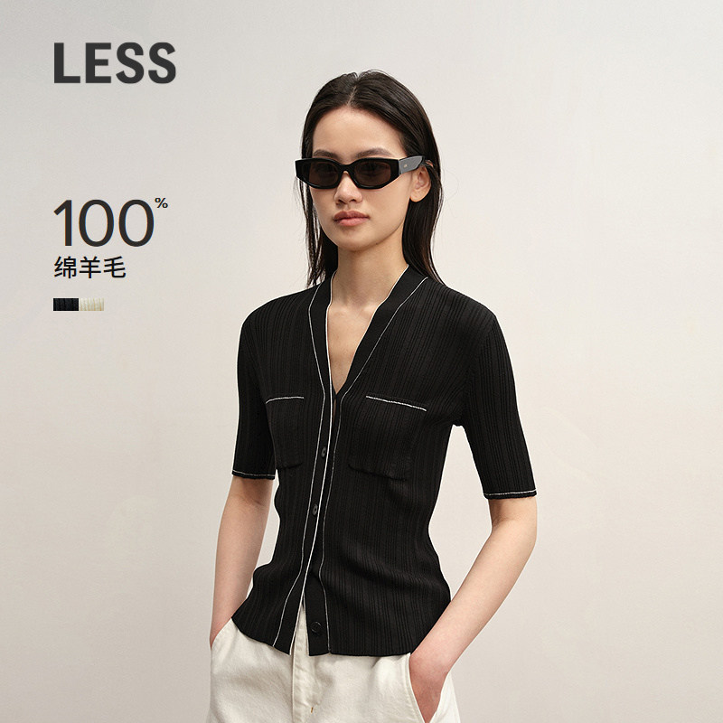 LESS秋高智感休闲拼接修身v领全羊毛开襟短袖针织衫2P7318660