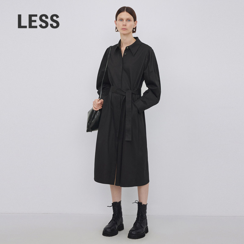 LESS春秋棉质裙子女简约系带收腰中长款衬衫式连衣裙2N8G11