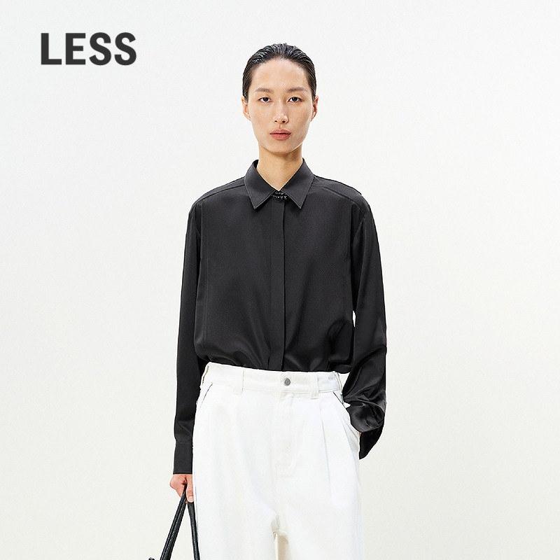 【精工系列】LESS桑蚕丝拼接衬衫女职场通勤黑长袖衬衣2P2211570