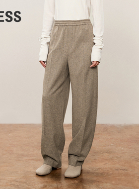 LESS进口绵羊毛阔腿休闲裤女秋冬松紧腰直筒纯色呢子裤2O9E10500