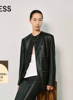 LESS春工装直筒简约时尚舒适夹克通勤黑色PU皮衣外套女2P2A10790