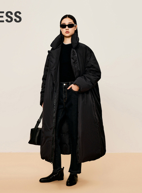 LESS冬季翻领羽绒服女宽松长款可脱卸双层白鸭绒厚外套2OAC11290