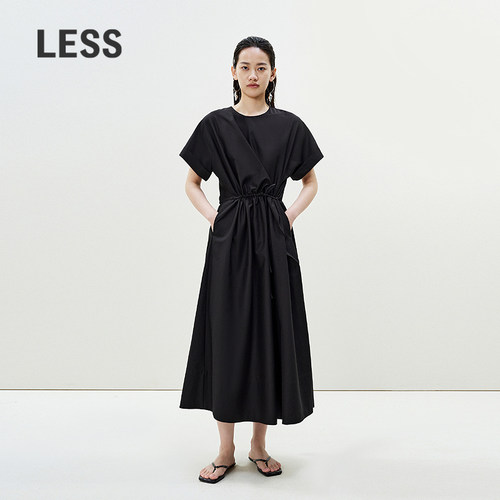 LESS夏季通勤抽绳收腰短袖连衣裙