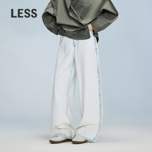 LESS水洗牛仔长裤女棉质复古时尚显瘦高腰拖地阔腿裤子2O8E11370