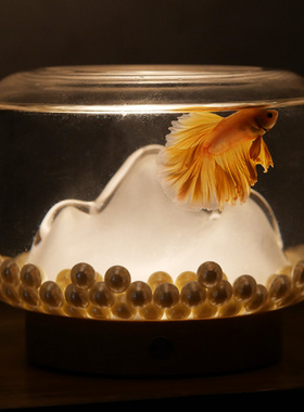 暖山斗鱼缸雪山玻璃办公桌小型桌面花瓶夜灯假山创意金鱼小鱼缸