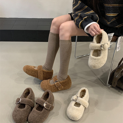 毛绒一字扣带玛丽珍鞋女内增高单鞋韩版冬中跟搭扣加绒保暖毛毛鞋