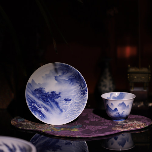 【20年专业山水画师】景德镇青花山水陶瓷茶具水墨风山水主人杯