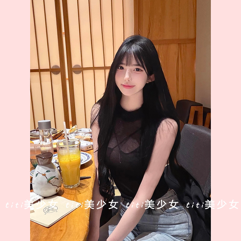 【TiTi美少女】纯欲风透视网纱性感天花板背心T恤内搭+交叉内衣女