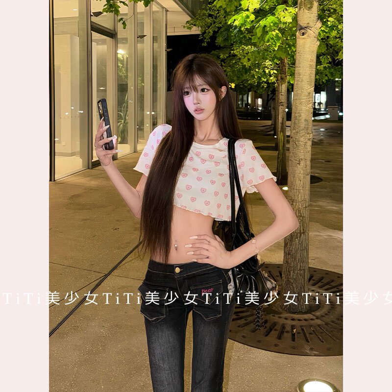 【TiTi美少女】纯欲风美式爱心印花短上衣女装设计感辣妹减龄t恤