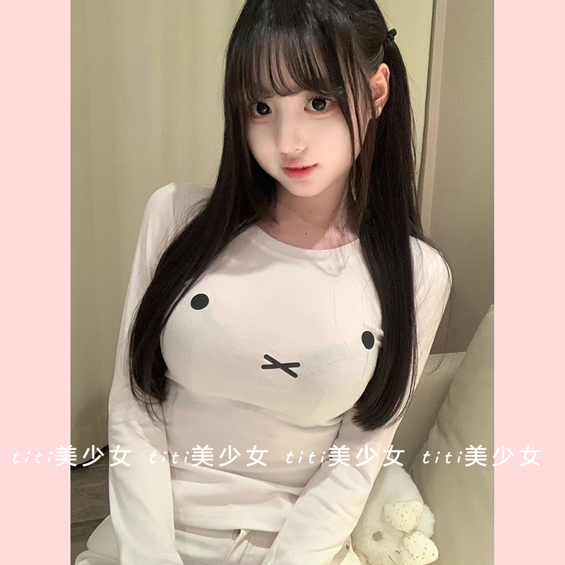 【TiTi美少女】纯欲风德绒印花打底长袖T恤可爱内搭修身显瘦上衣