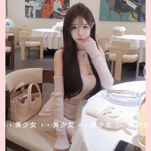【TiTi美少女】春季超嗲针织裙灰粉色巨美气质百搭修身显瘦连衣裙