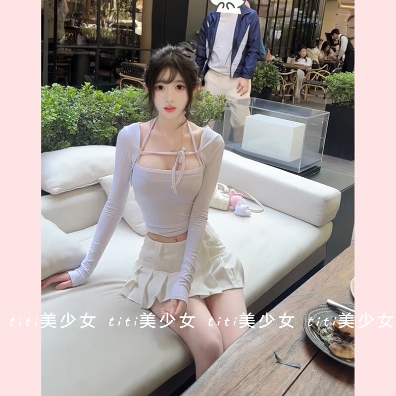 【TiTi美少女】性感纯欲风气质挂脖系带抹胸背心长袖开衫两件套,女装/女士精品,大码内搭,淘宝优惠券,粉丝福利购,淘宝优惠卷