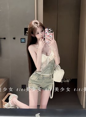 水洗牛仔背带短裤破洞连体裤
