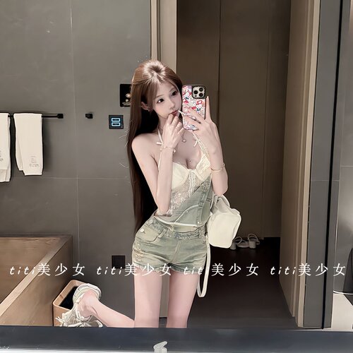 水洗牛仔背带短裤破洞连体裤